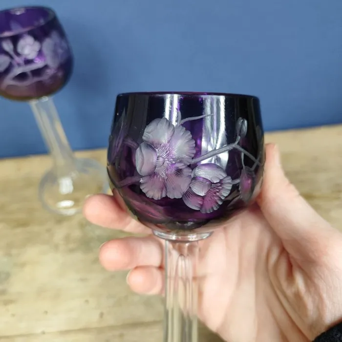 2 Verres - bougeoirs cristal taillé overlay violet - Le palais des bricoles
