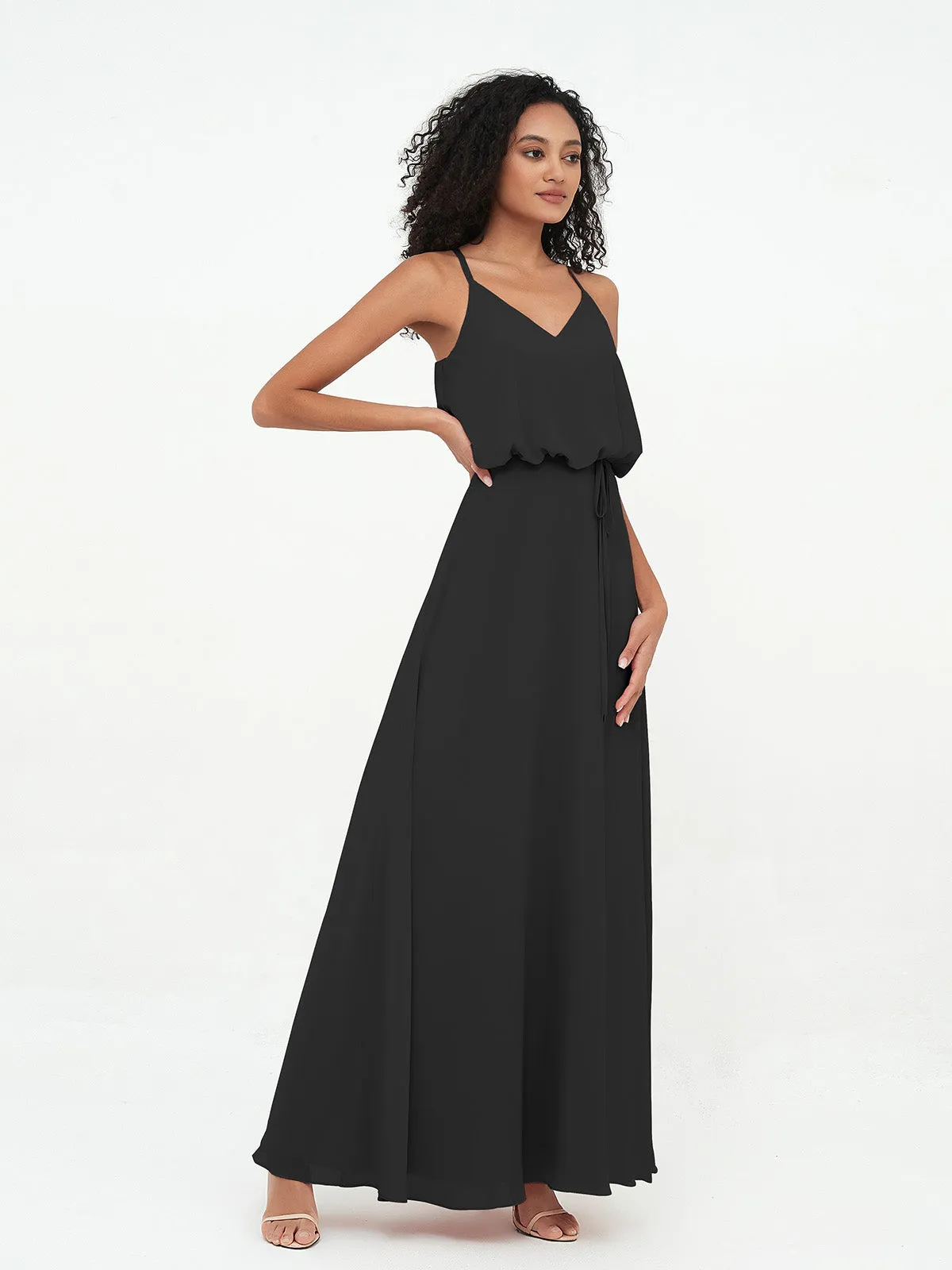 Bretelles Spaghetti Décolleté en V Robes en Mousseline Noir Grande Taille