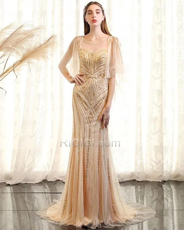 Dos Nu Sans Manches Rose Poudré Boheme Perlage Fourreau Longue Robes De Soirée