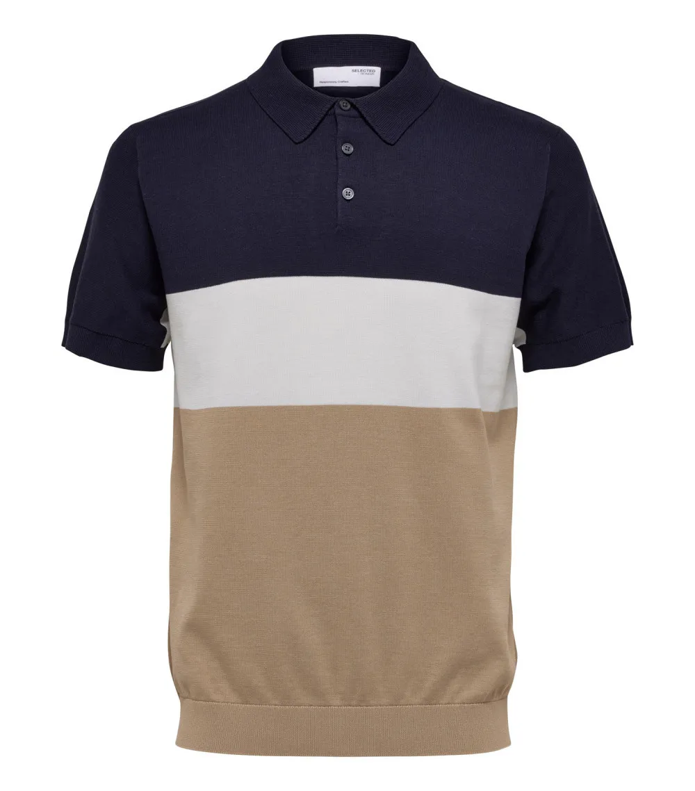 Polo Selected en en coton biologique mélangé avec manches courtes avec un col boutonné bleu bleu marine colorblock