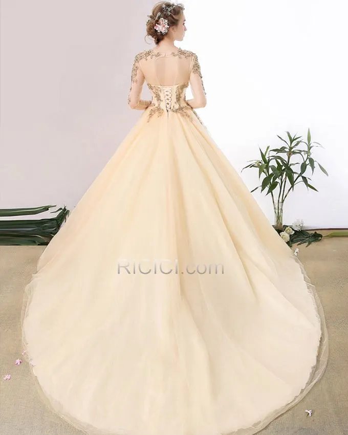 Princesse Manche Longue Scintillantes Luxe Robe De Mariée Sequin Perlage Dos Nu Champagne