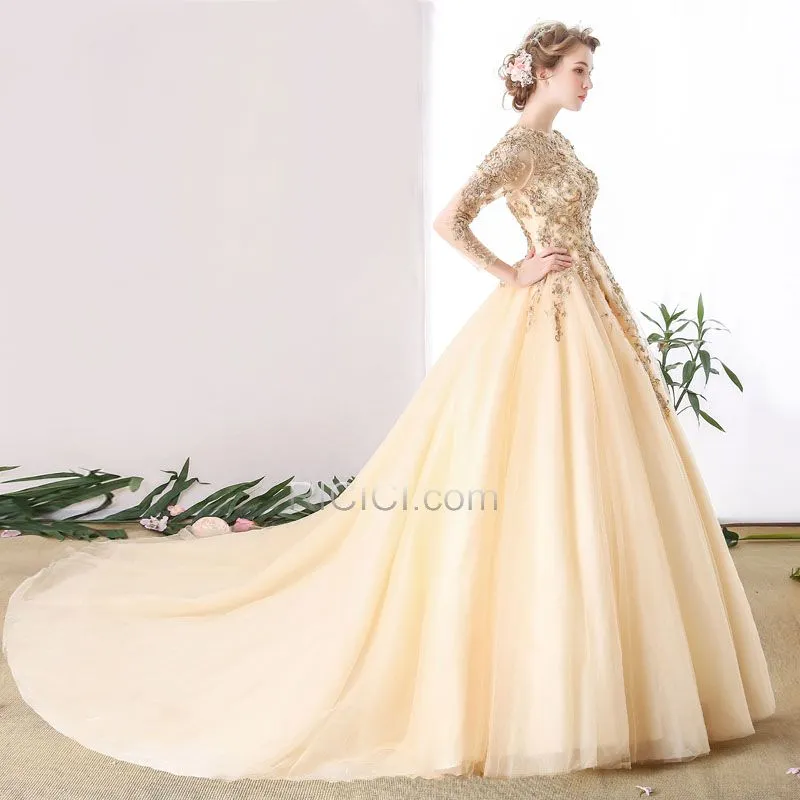 Princesse Manche Longue Scintillantes Luxe Robe De Mariée Sequin Perlage Dos Nu Champagne