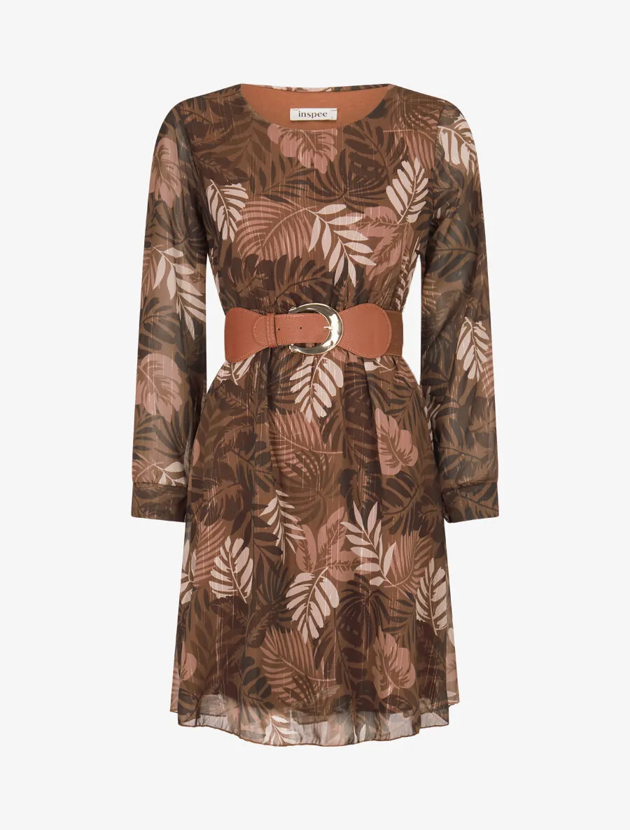 Robe légère en voile lamé imprimé feuilles tropicales - Marron