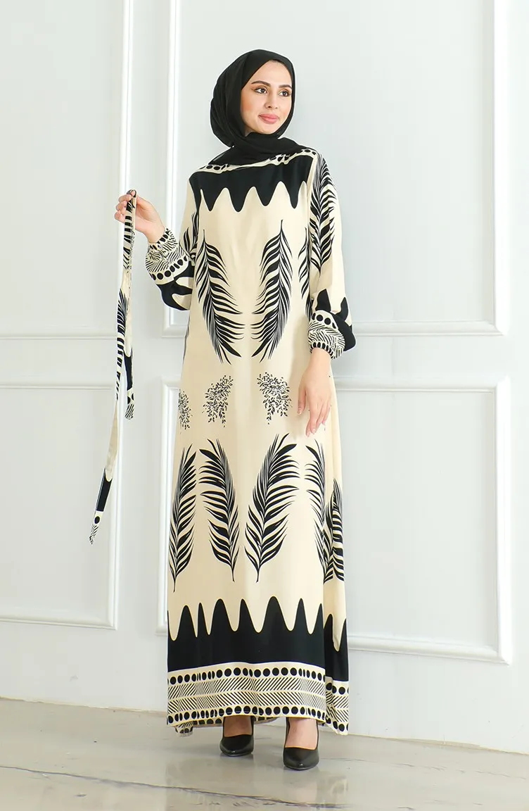 Robe Viscose A Motifs Et Ceinturée 0492-02 Noir Beige 0492-02